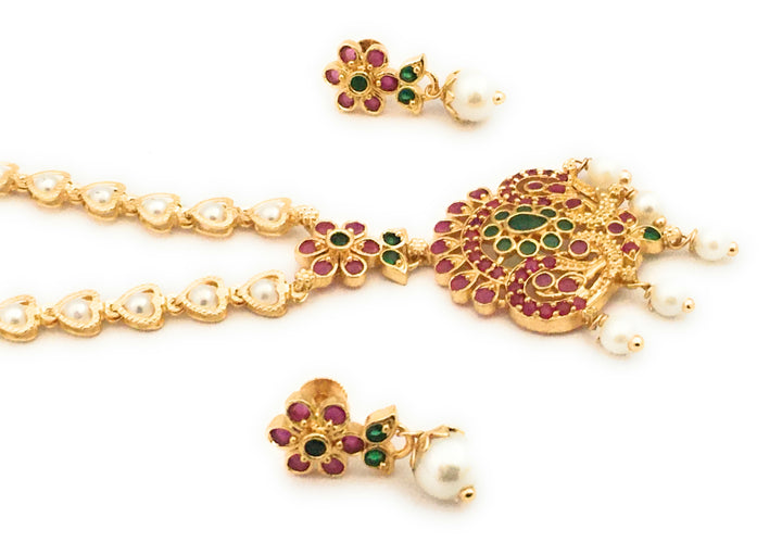 Latest Traditional Micro Gold Plated Peacock Floral Pendant Pearl Necklace Set for Women