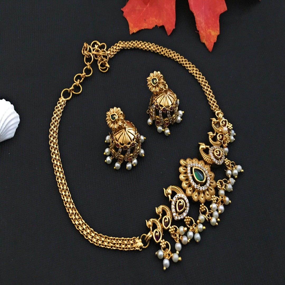 Captivating Multi-Stone Traditional Matte Gold Plated Peacock Choker AD Necklace with Jhumkas