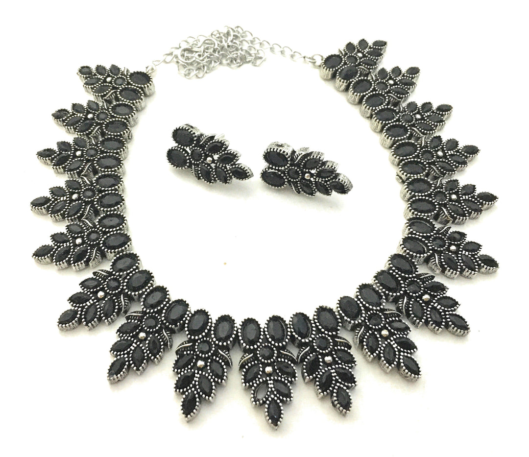 Leaf Motif Oxidised Silver Necklace Set with Matching Earrings - Party Jewelry