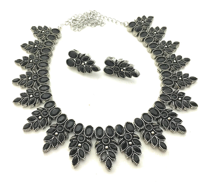 Party Wear Leaf Motif Oxidised German Silver Necklace and Matching Earrings Jewellery Set