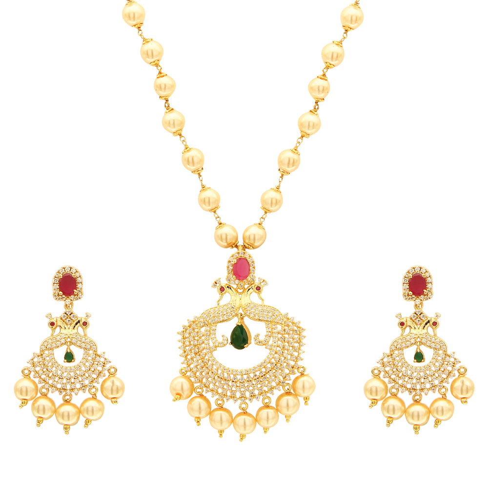 Trendy Micro Gold Plated Peacock Pendant Pearl Necklace Set with Earrings