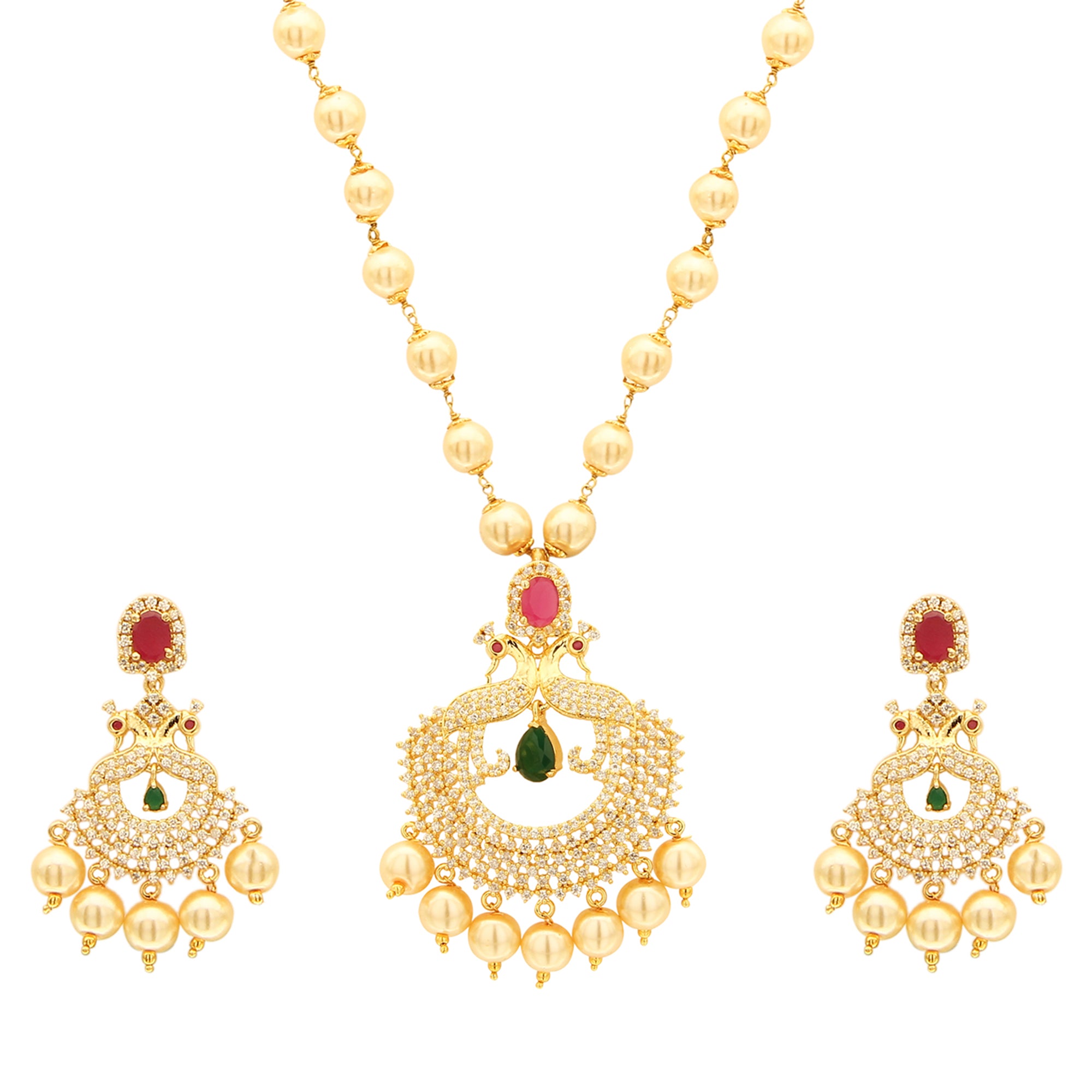 Trendy Micro Gold Plated Peacock Pendant Pearl Necklace Set with Earrings