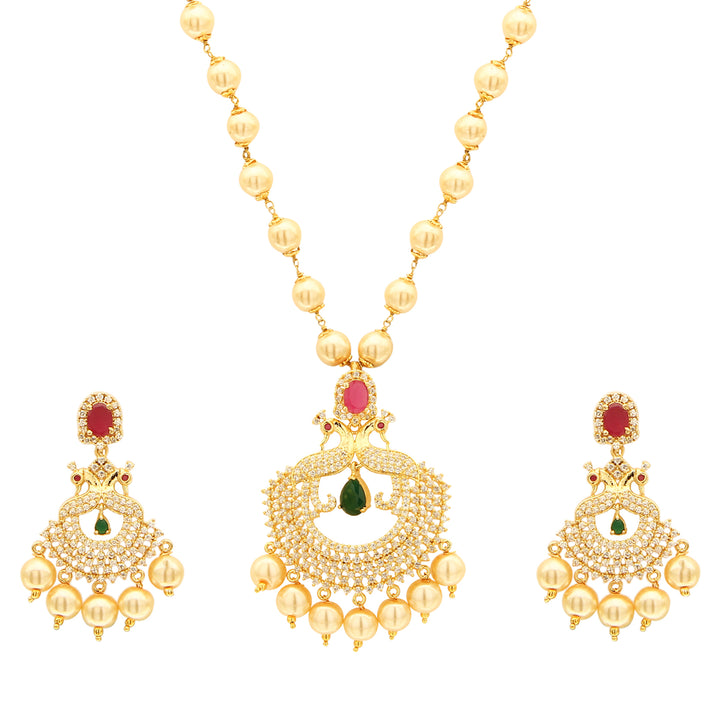 Trendy Micro Gold Plated Peacock Pendant Pearl Necklace Set with Earrings