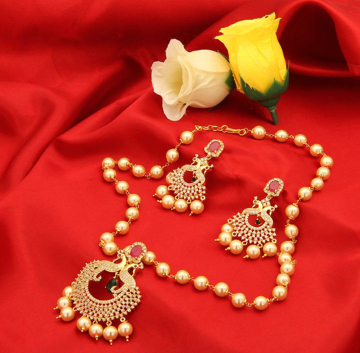 Exquisite Micro Gold Plated Peacock Pendant Pearl Necklace Set Online