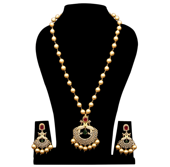 Stunning Traditional Wear: Micro Gold Plated Peacock Pendant Pearl Jewellery Set