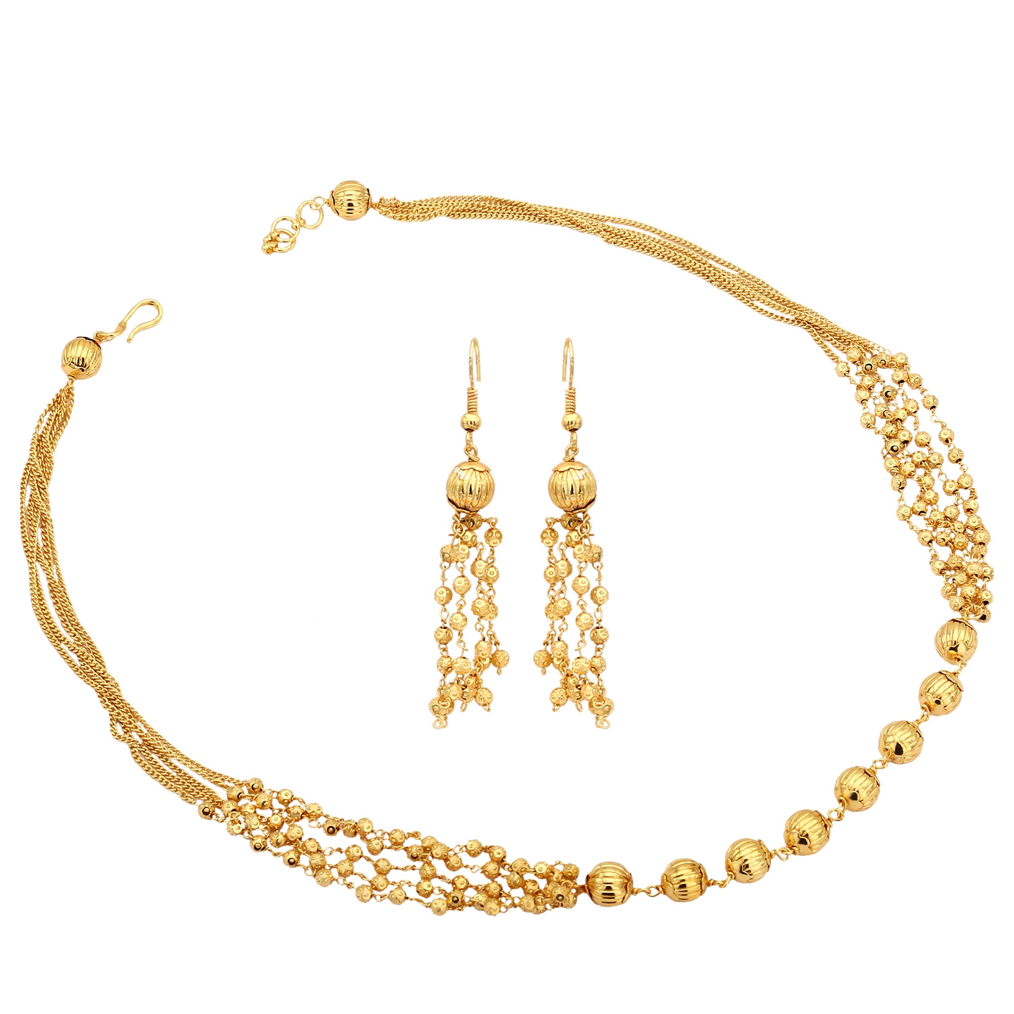 Fancy Three-Layered Golden Bead Necklace Set with Micro Gold Plating and Fish Hook Earrings - Traditional Wear