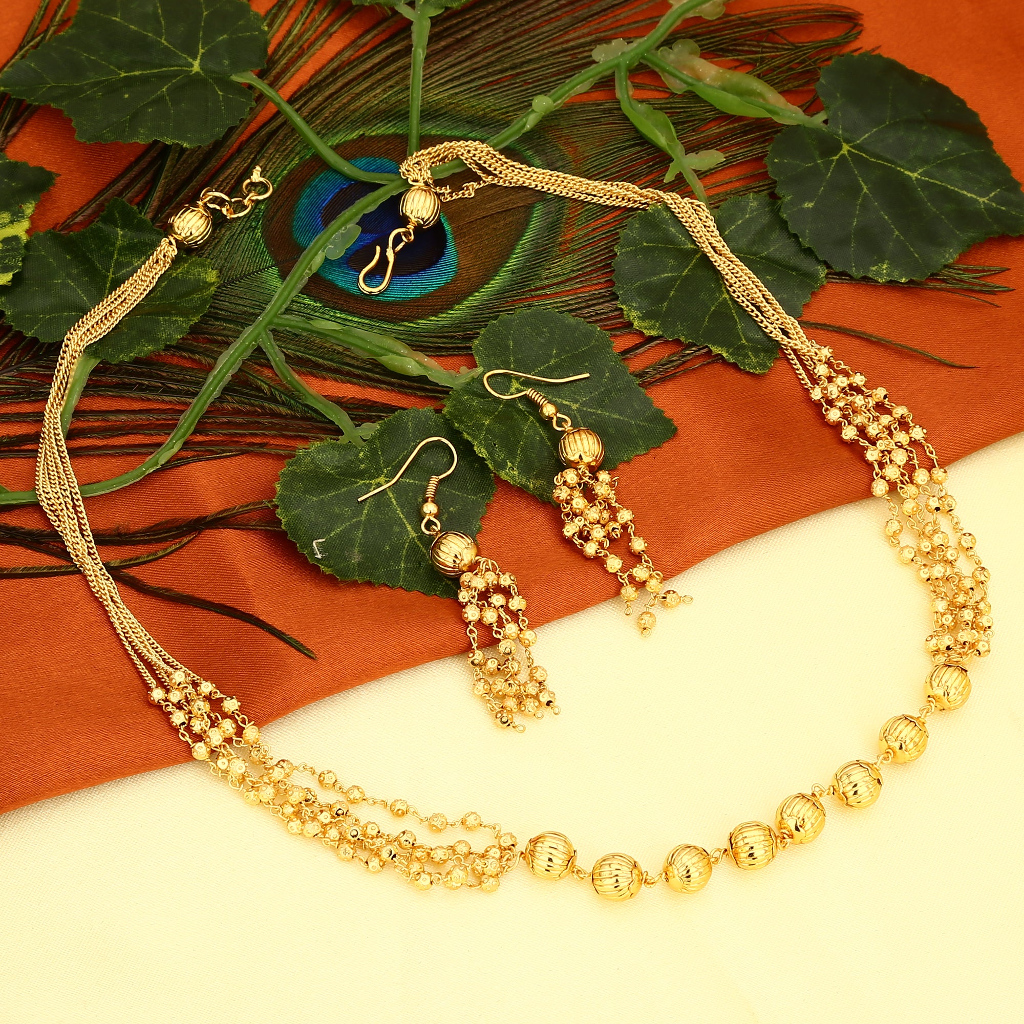 Fancy Look: Three-Layered Golden Bead Necklace Set with Micro Gold Plating and Matching Fish Hook Earrings - Sasitrends