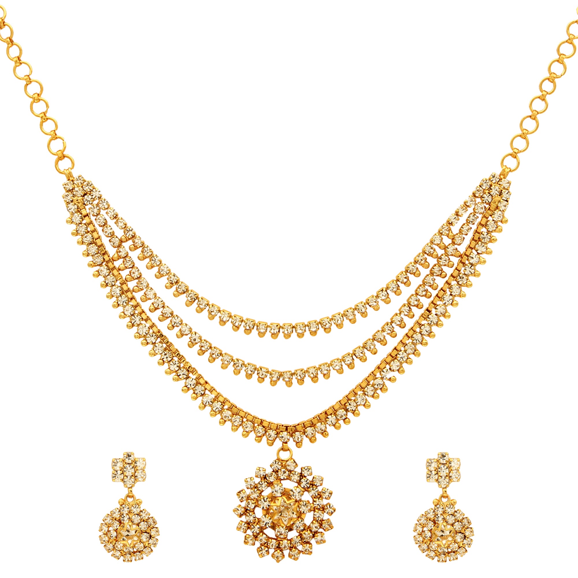 Sasitrends Antique Gold Plated AD Stone Studded 3-Layer Necklace with Earrings for Women and Girls - Sasitrends