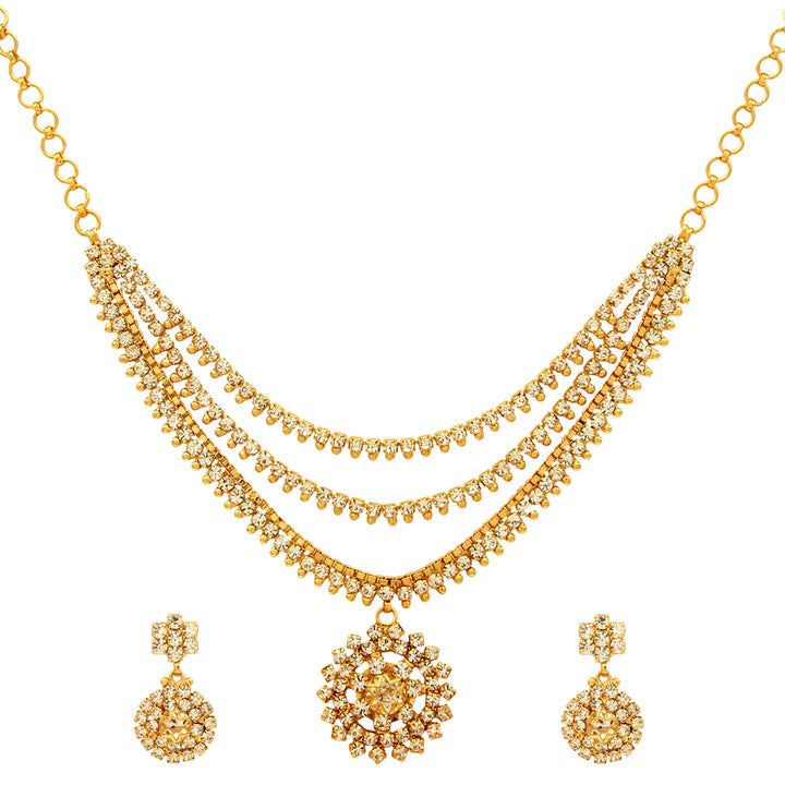 Sasitrends Antique Gold Plated AD Stone Studded 3-Layer Necklace with Earrings for Women and Girls