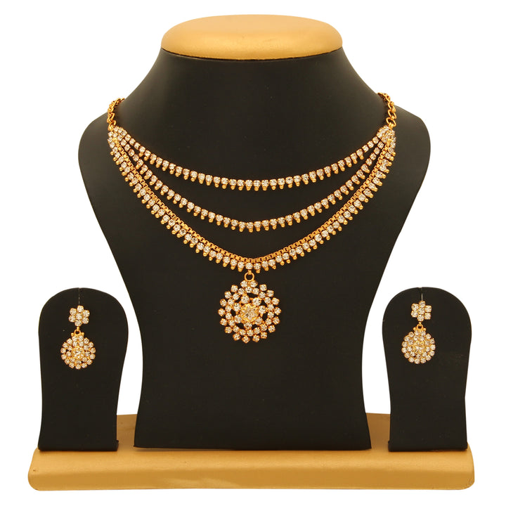 Sasitrends Antique Gold Plated AD Stone Studded 3-Layer Necklace with Earrings for Women and Girls - Sasitrends