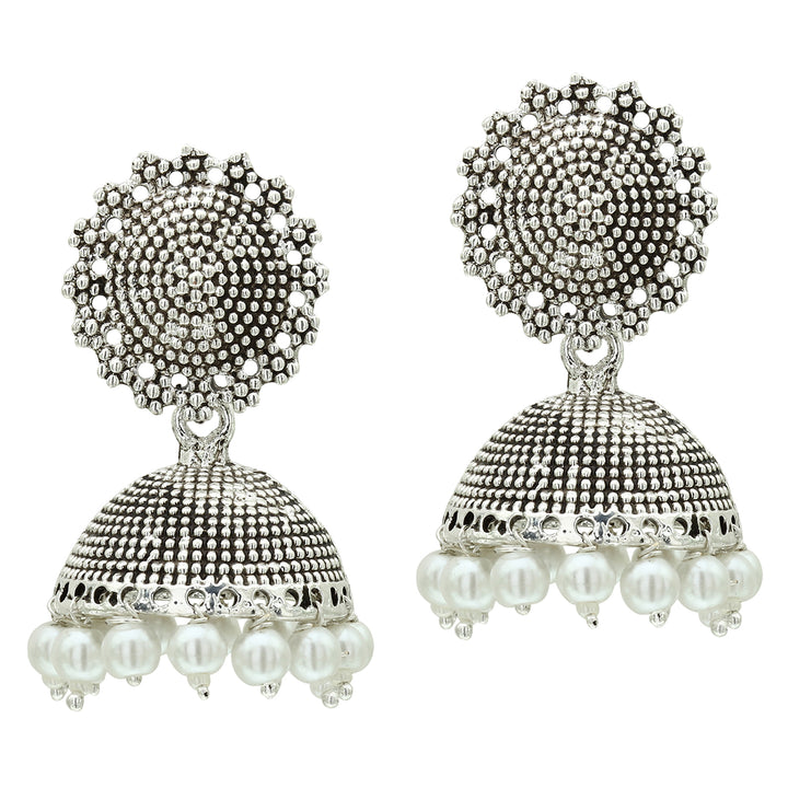 Oxidised Silver Pearl Jhumka Earrings - Sasitrends