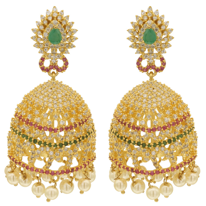 American Diamond Stones Stud Gold Plated Jhumka Earrings - Sasitrends