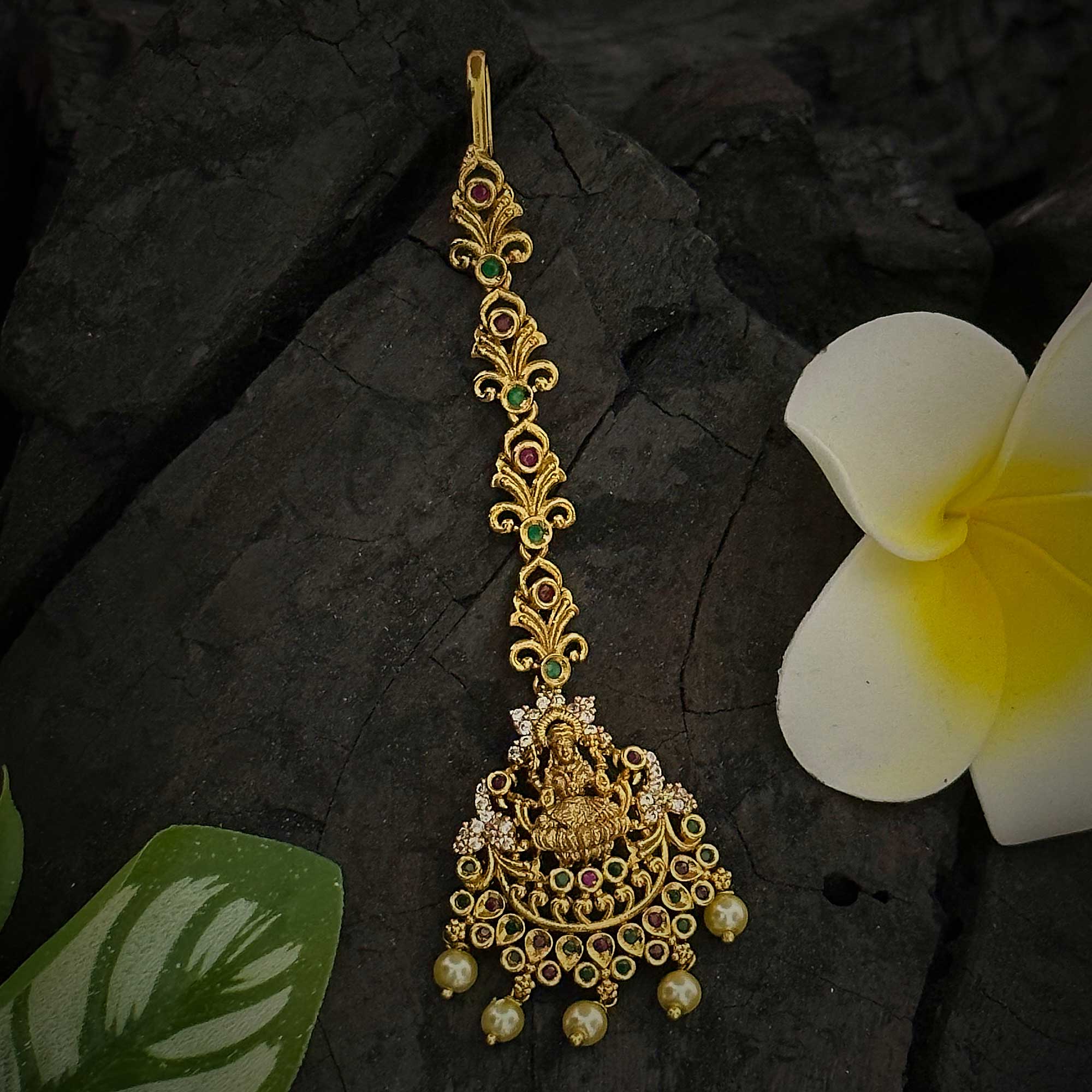 Lakshmi Maang Tikka Set with Multi Color AD Stones & Pearl Drops