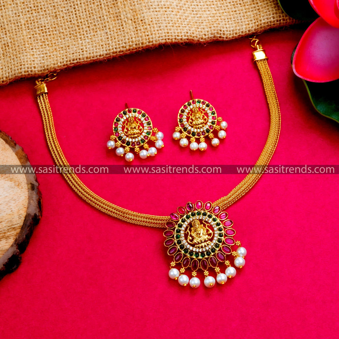 Traditional Goddess Lakshmi Choker Set with Matte Gold Pendant and Pearl Earrings