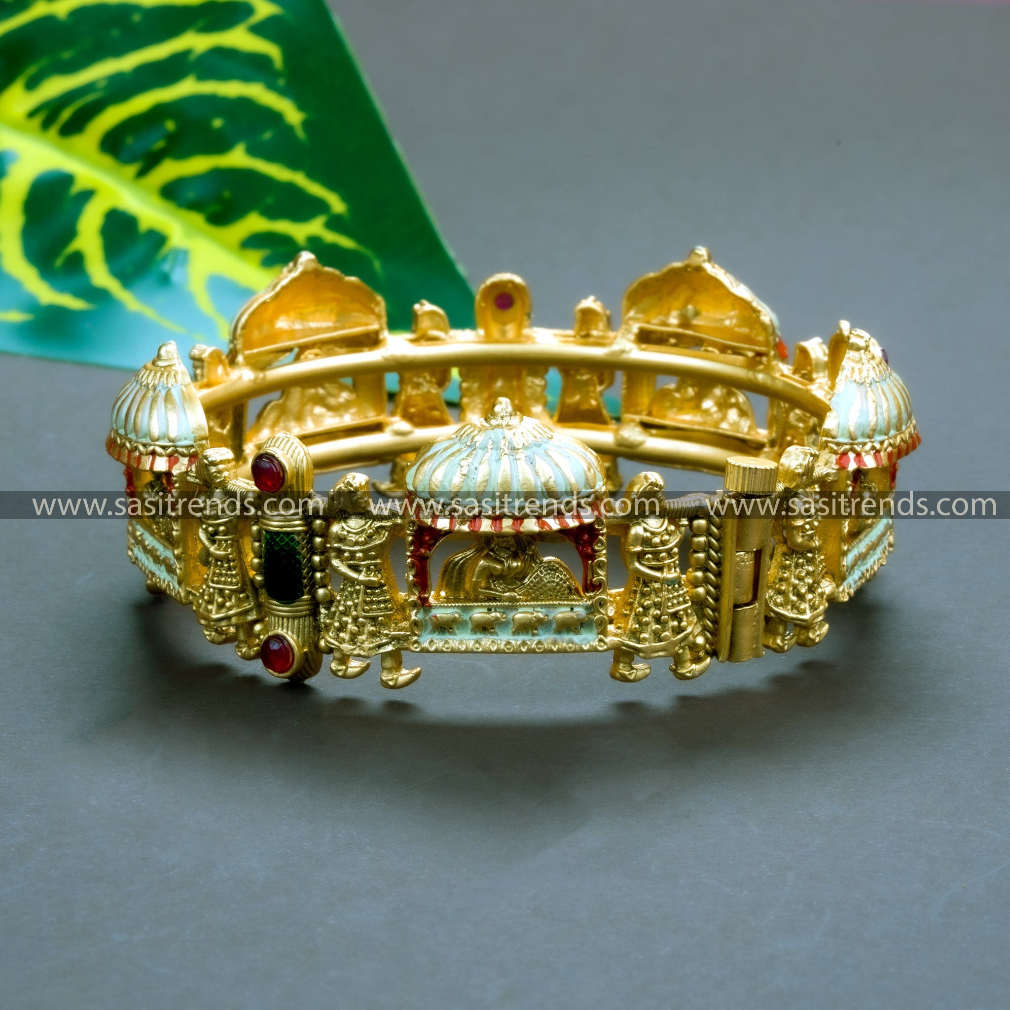 Traditional Bridal Antique Gold Meenakari Kada Bangle with Synthetic Stones