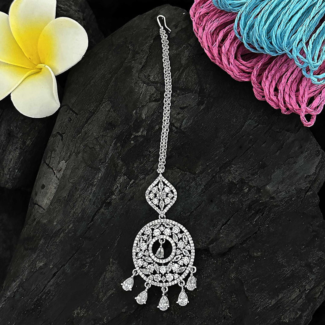 Rhodium Silver Plated Flower Motif AD Maang Tikka - Party Wear