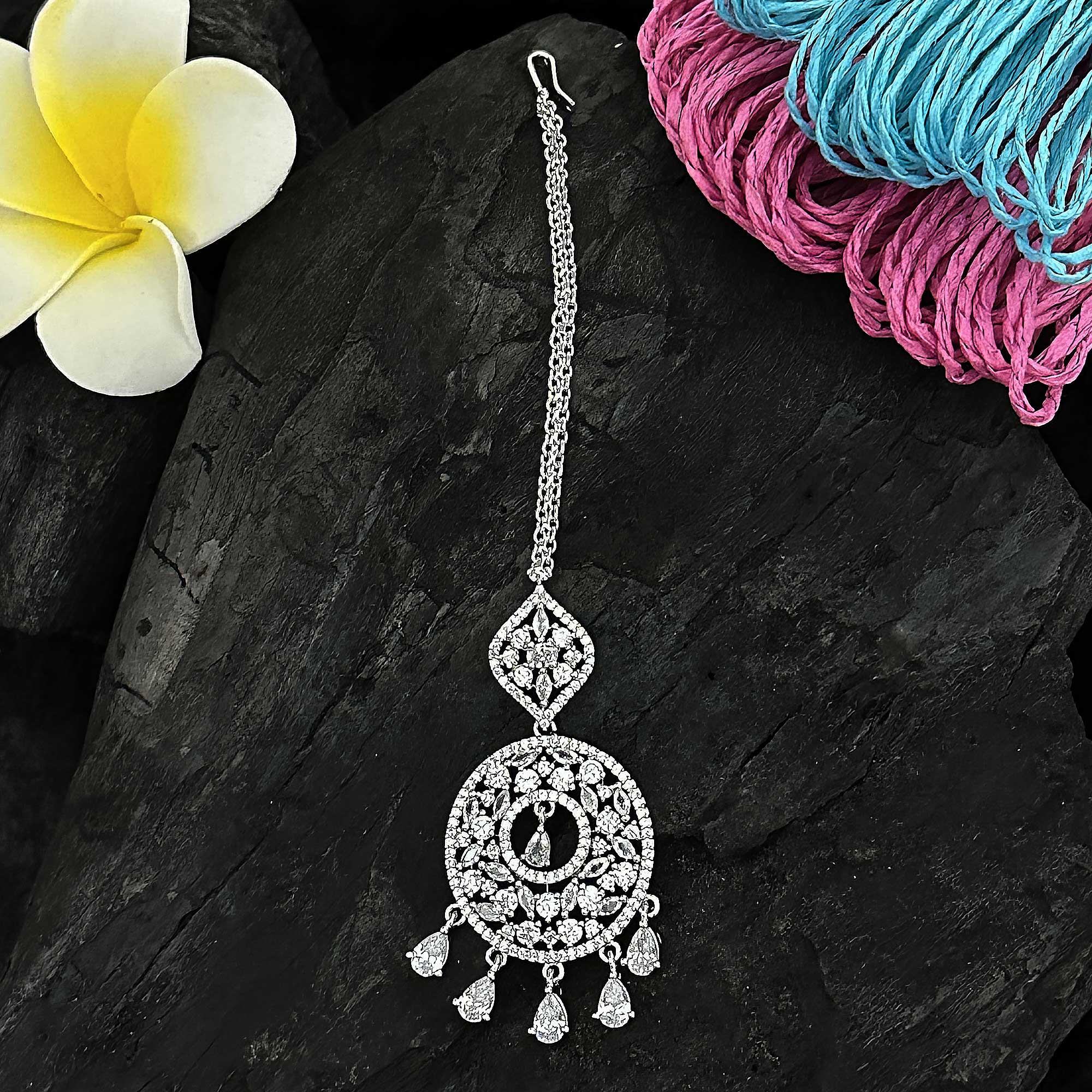 Rhodium Silver Plated Flower Motif AD Maang Tikka - Party Wear