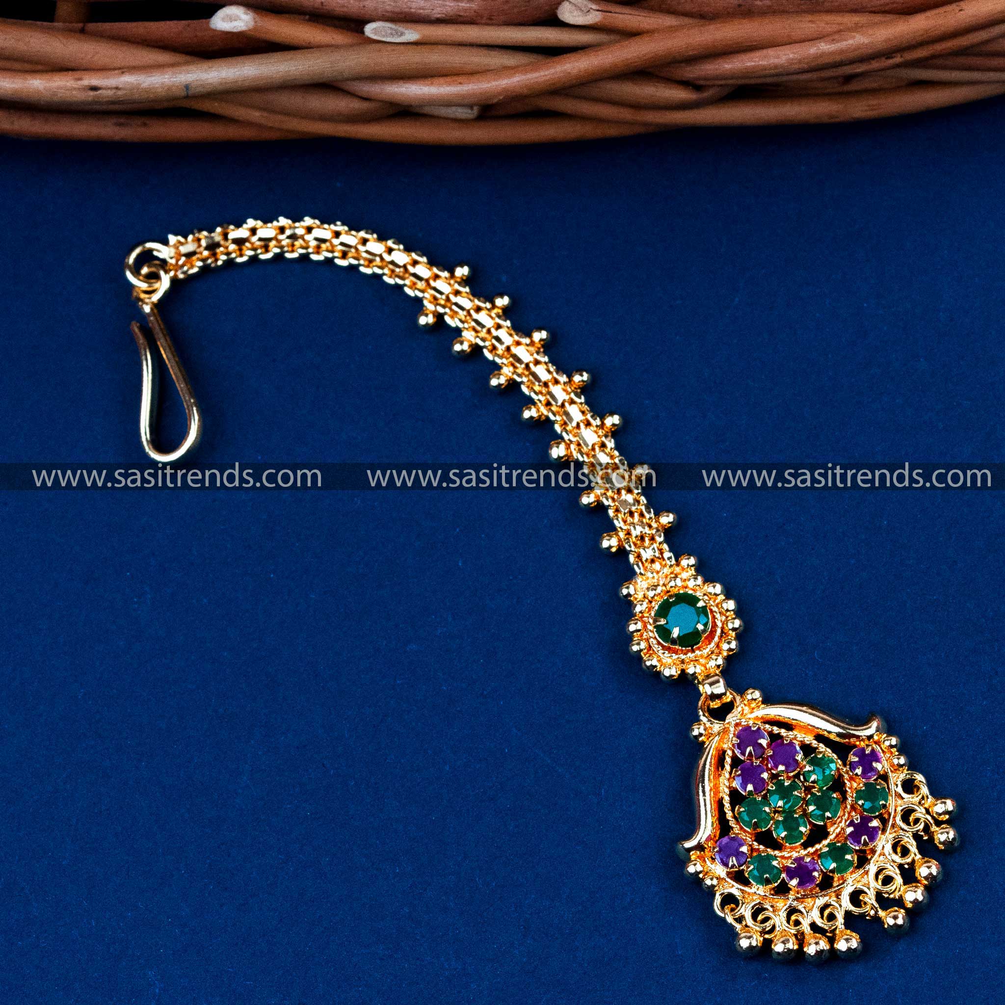 Micro Gold Plated Floral Maang Tikka with AD Stones and Bead Drops - Ruby-Green Stones