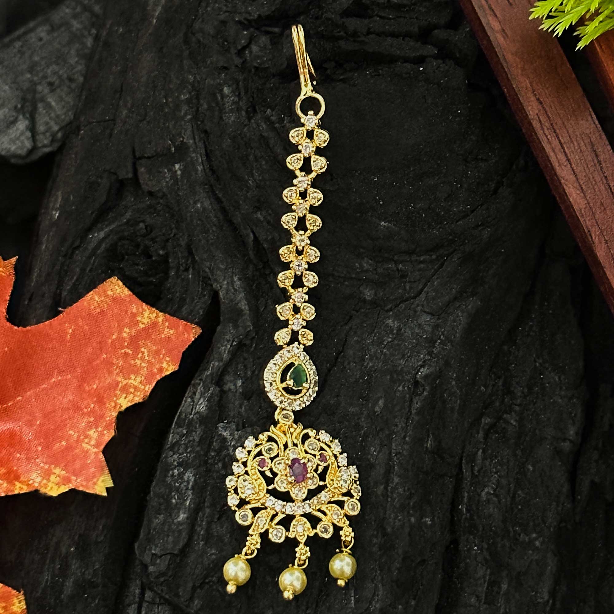 Micro Gold Plated Peacock Maang Tikka with AD Stones and Pearl Drops