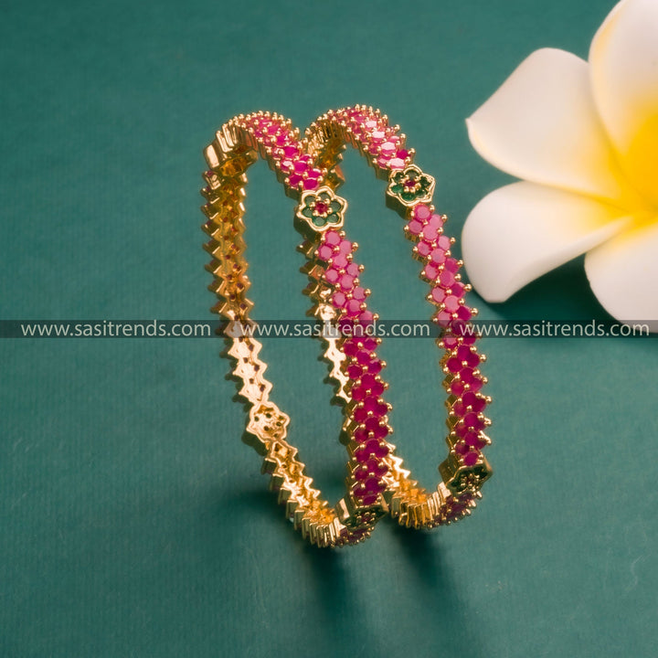 Gorgeous Ruby-Green Micro Gold Plated Bangles with American Diamond Stones