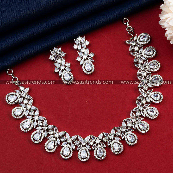 Trendy Party Wear Rhodium Silver Plated AD Necklace with Earrings