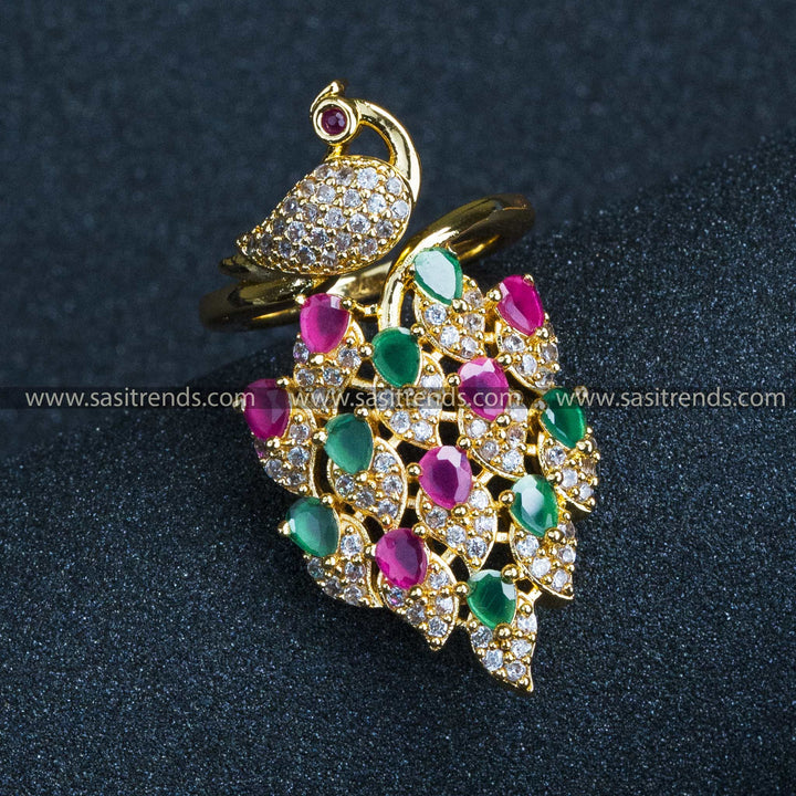 Stunning Party Wear: Gold Plated Peacock Adjustable Finger Ring with American Diamond Stones for Women