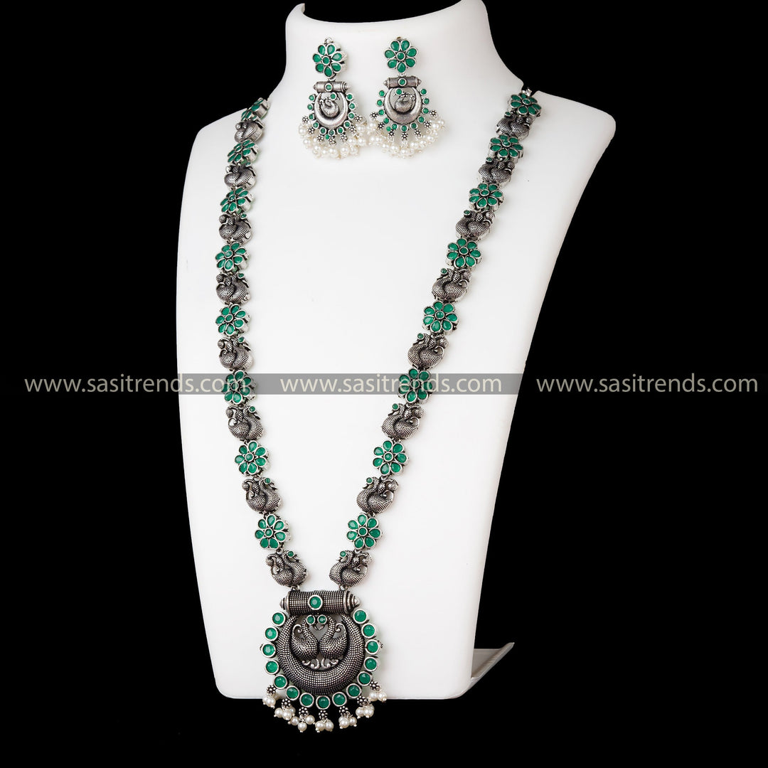 Gorgeous Oxidised German Silver Long Necklace Set with Peacock Chandbali Pendant and Green Stones - Ethnic Party Wear