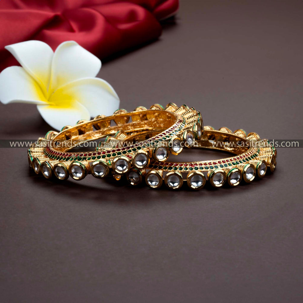 Traditional Wear High Gold Plated Kundan Stone Bangles for Women - Red & Green Stones