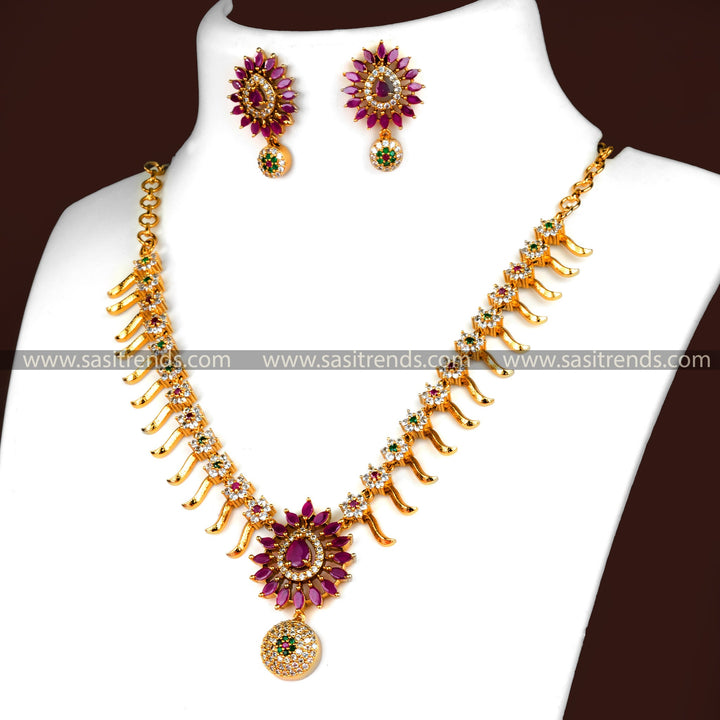 Gorgeous Matte Gold Plated Floral Jewellery Set with American Diamond Accents | Sasitrends