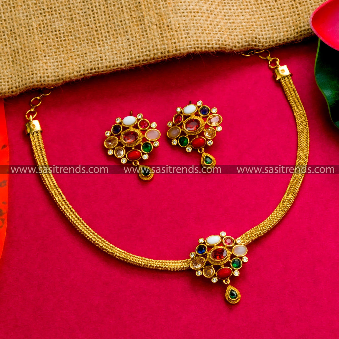 Traditional Matte Gold Navrathna Choker Set with Earrings - Festive Wear Jewelry Online