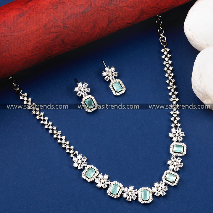 Mint-Colored AD Stone Rhodium Silver Necklace Set - Latest Trendy Party Wear Jewelry