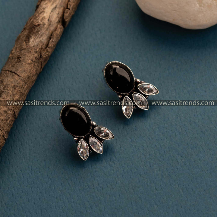 Stunning Black Stone Oxidized German Silver Stud Earrings for Women – Elegant Office Wear with Monalisa and AD Stones, Perfect for Traditional Gatherings and Parties.