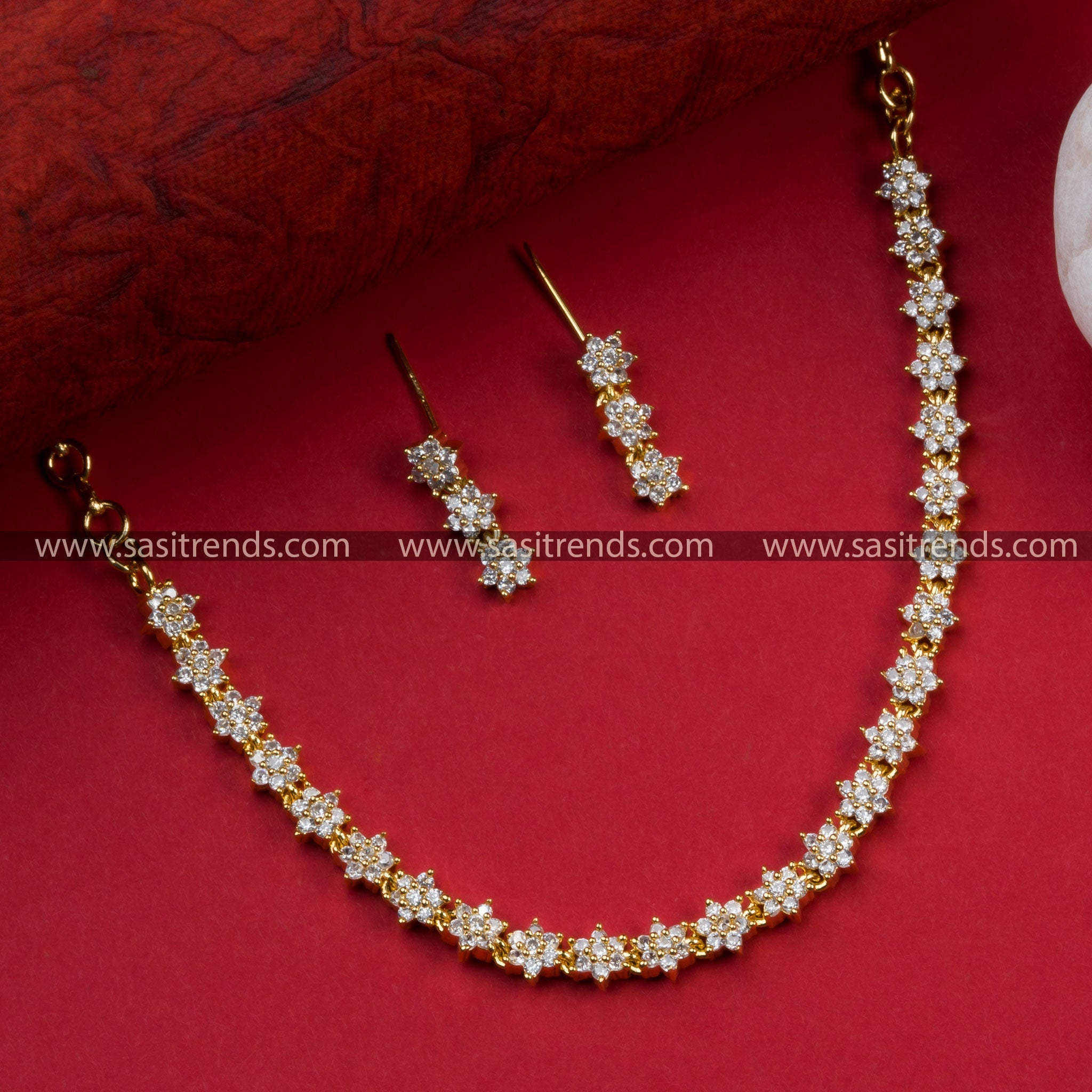 Floral Party Wear Gold Plated Necklace Set with American Diamonds