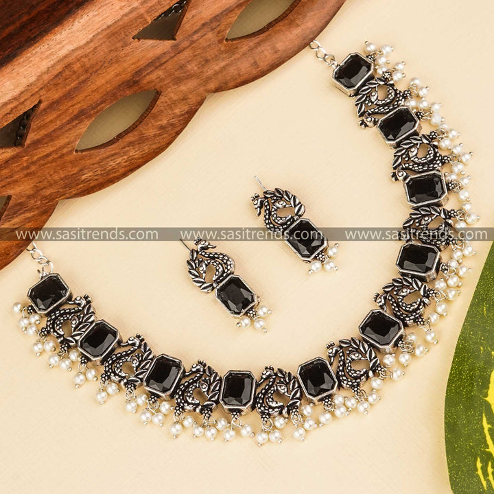 Latest Trending Peacock Designer Rectangle Stones -Morvi Oxidised Jewellery Set | Sasitrends