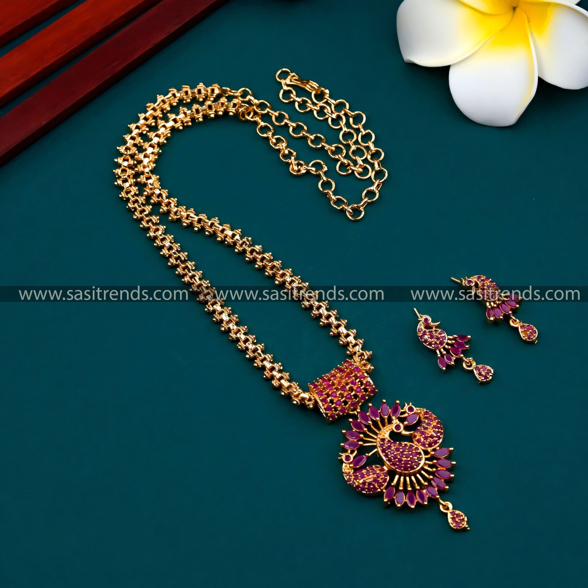 Traditional Micro Gold Plated Peacock Pendant Chain with AD Stones