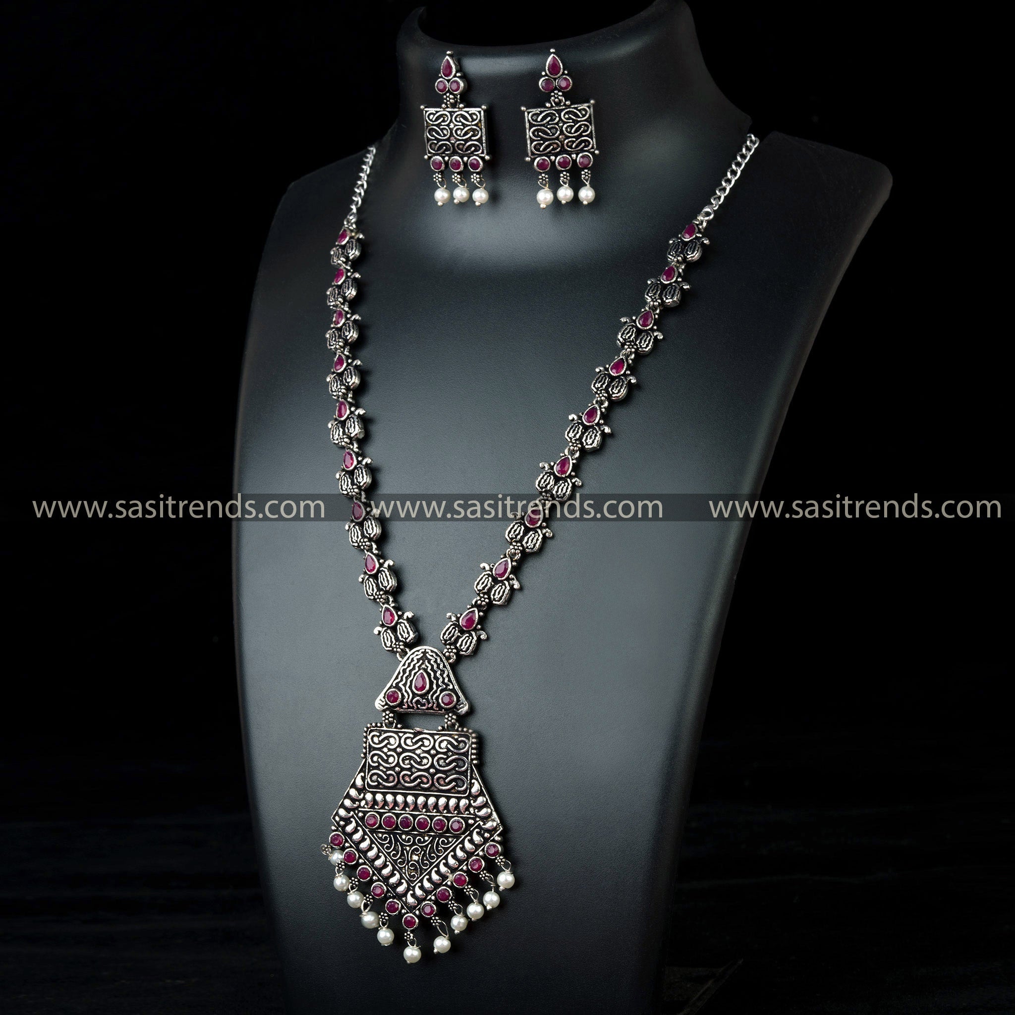 Tribal Pendant Necklace Set with Pearl Drops - Oxidised German Silver Jewelry