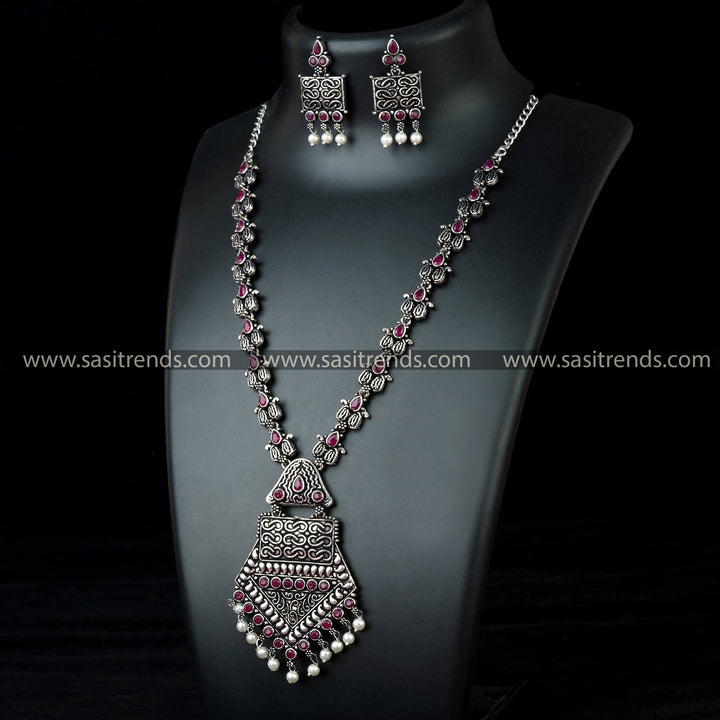 Tribal Pendant Necklace Set with Pearl Drops - Oxidised German Silver Jewelry