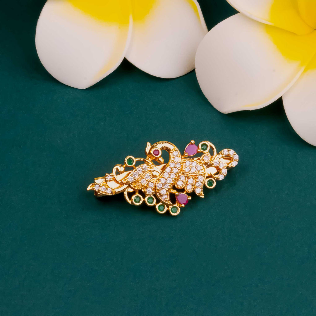 Micro Gold Plated Peacock AD Saree Pin with American Diamond Stones