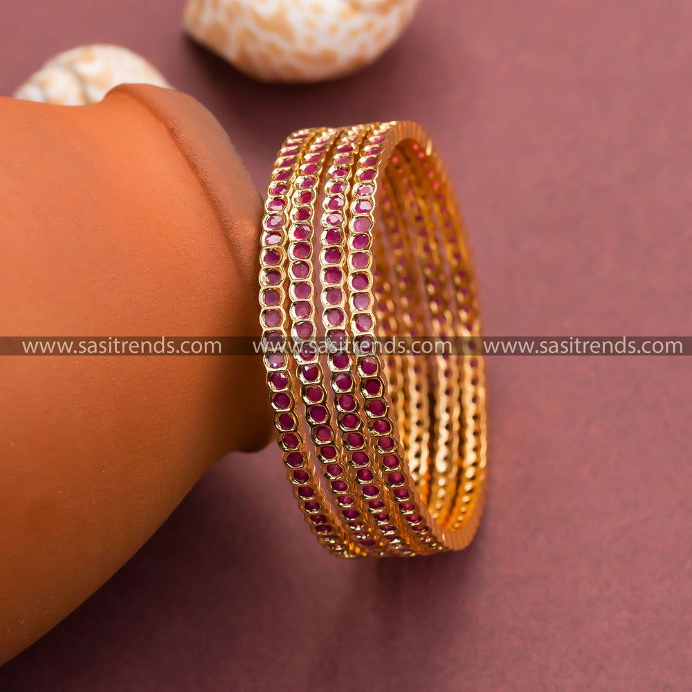 Micro Gold Plated Ruby AD Bangles - Floral American Diamond Jewelry for Women