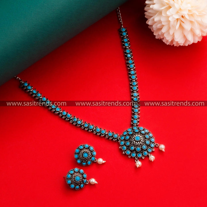 Navarathiri Special Oxidised Silver Floral Pendant Stones Necklace with Earrings & Pearls Jewellery Set