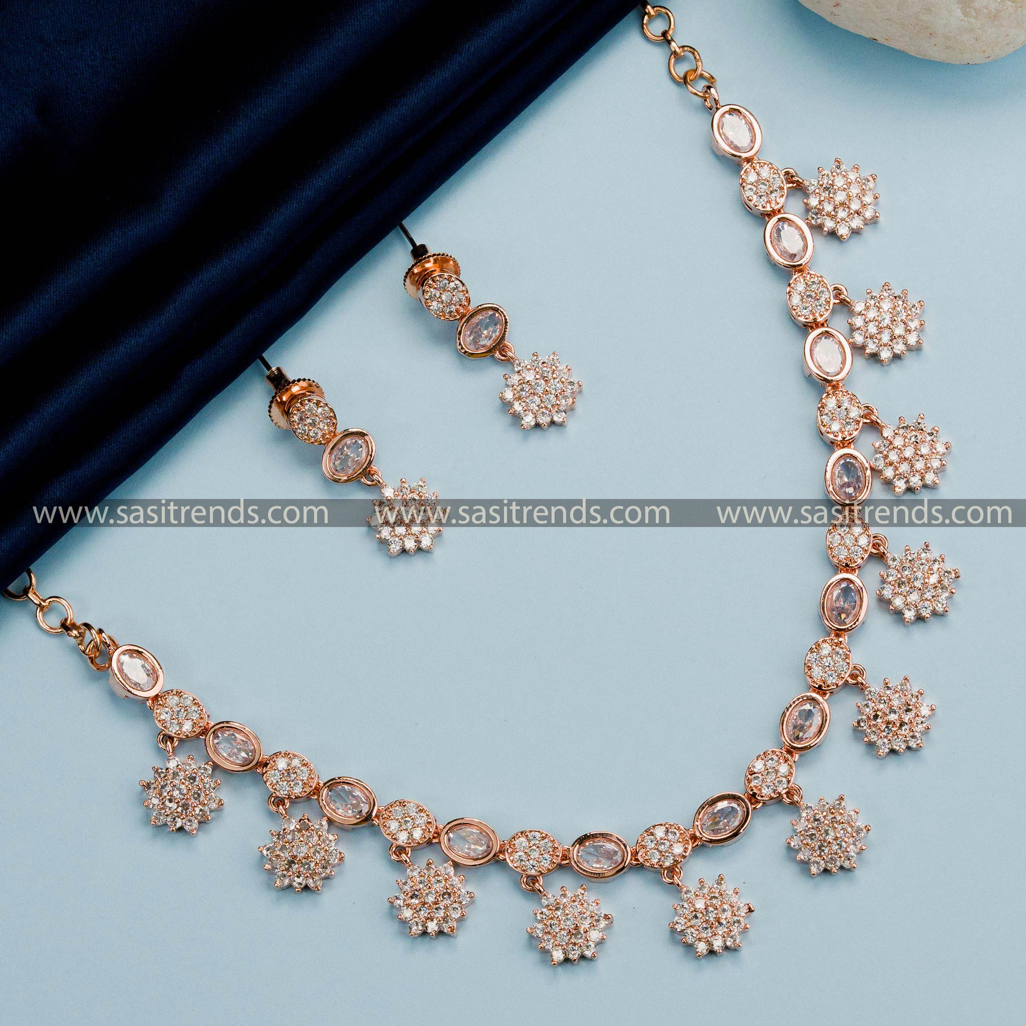 Whitening Elegance - Rose Gold Plated Floral Necklace Set with White Stones for Trendy Parties