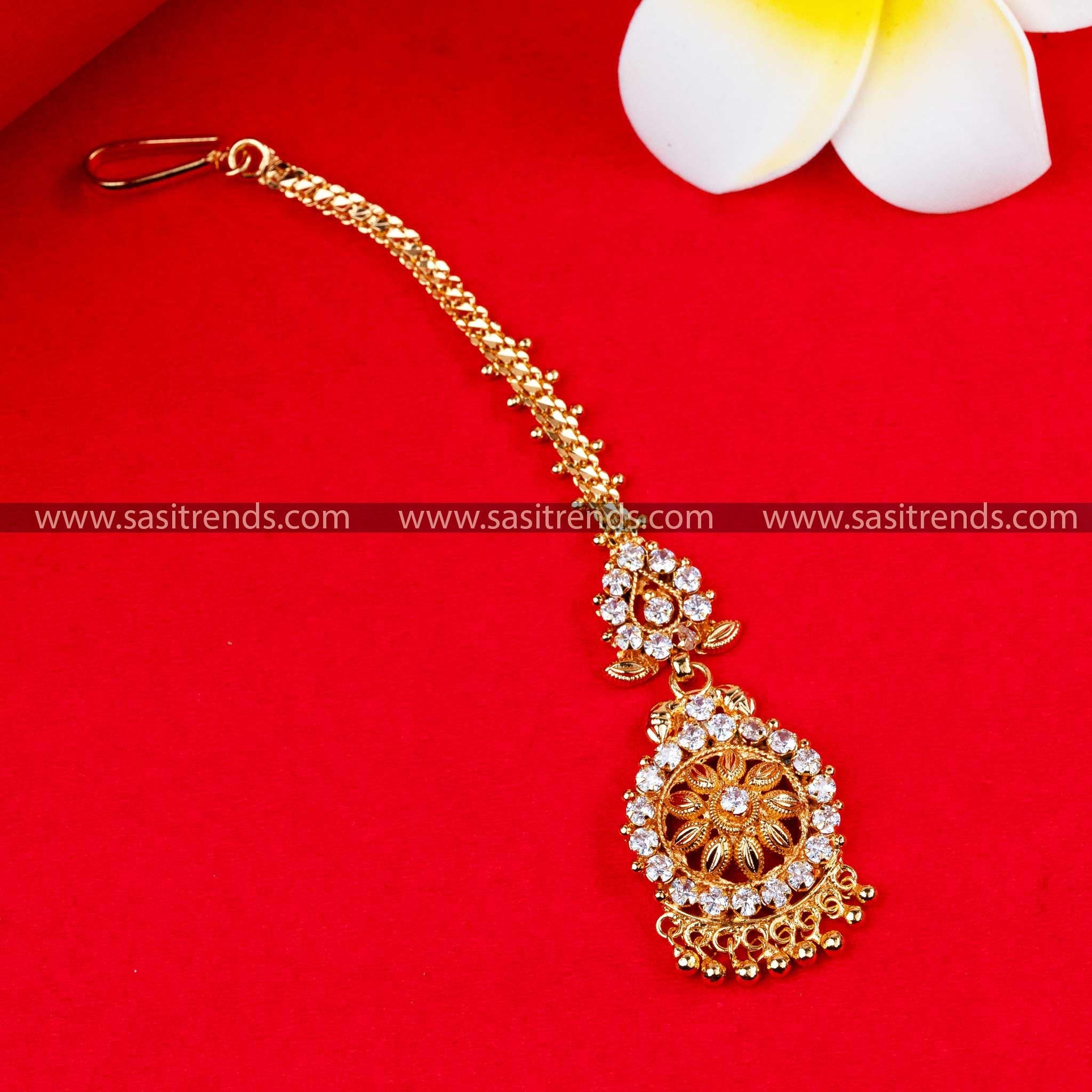 Stunning Gold Plated Maang Tikka with White Color Stone - Timeless Elegance and Grace