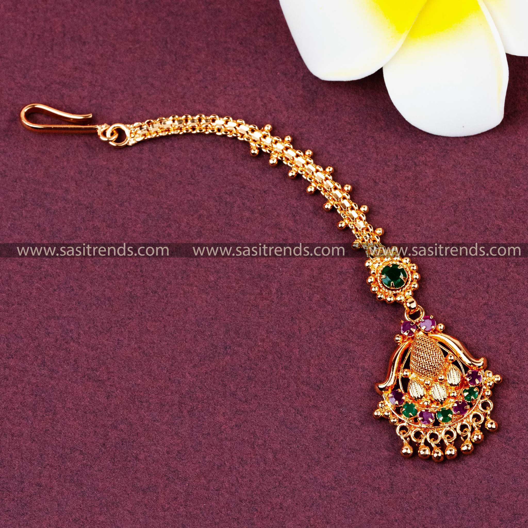 Micro Gold Plated Floral Maang Tikka with AD Stones & Bead Drops