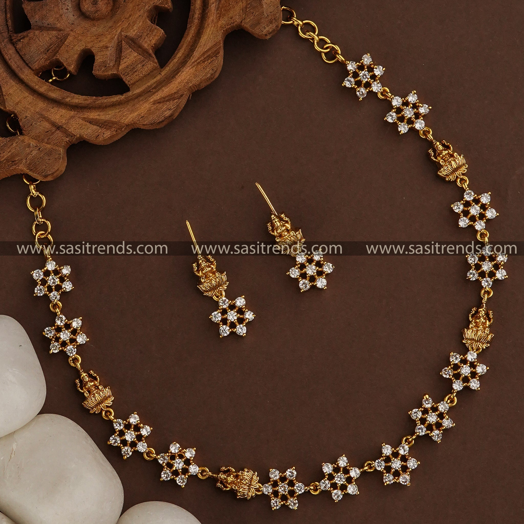 Traditional Lakshmi Motifs Necklace Set with Earrings - Temple Gold Plated