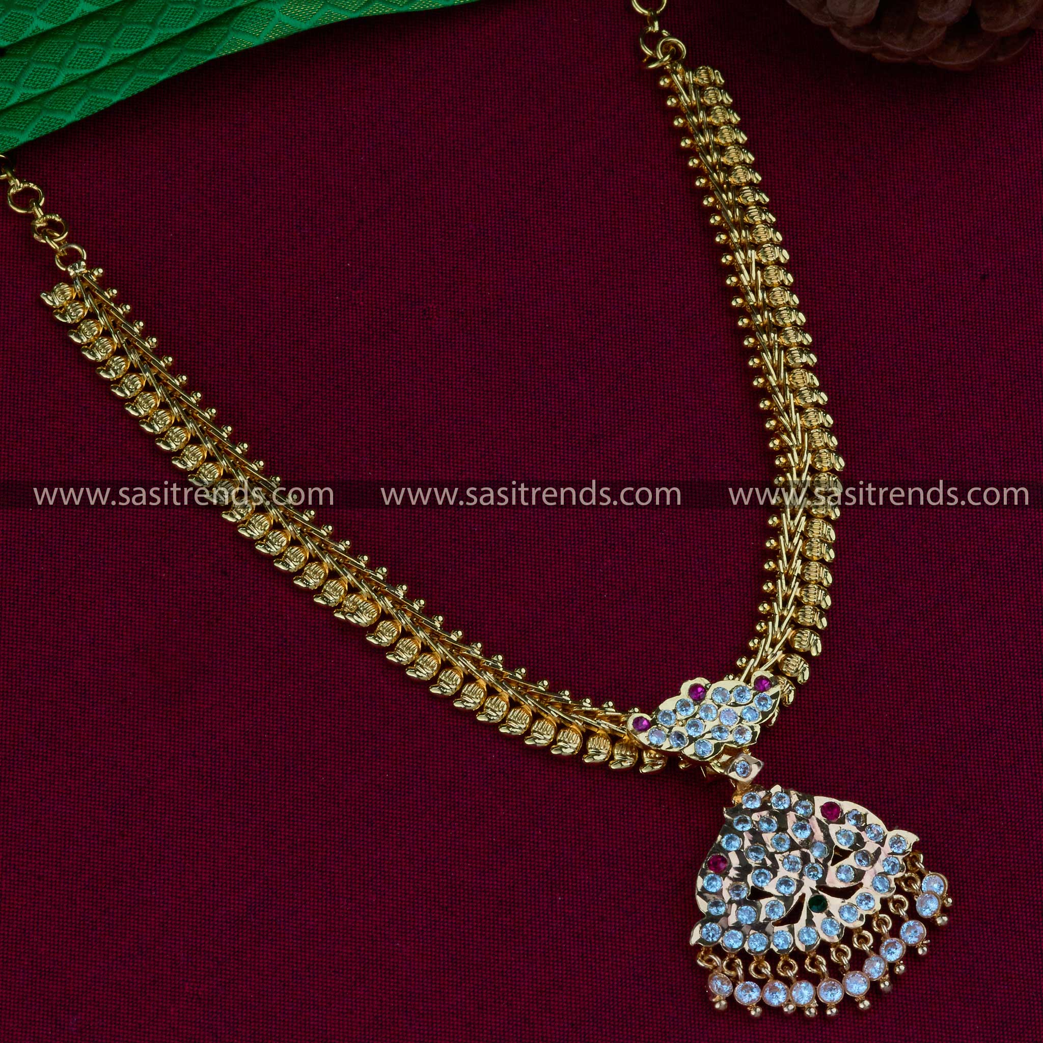 Traditional One Gram Gold Plated Attigai Necklace with American Diamond Stones