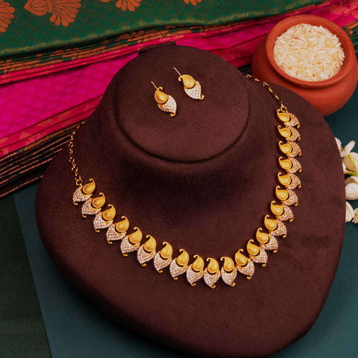 Temple Gold Necklace with White Earrings - Elegance Collection