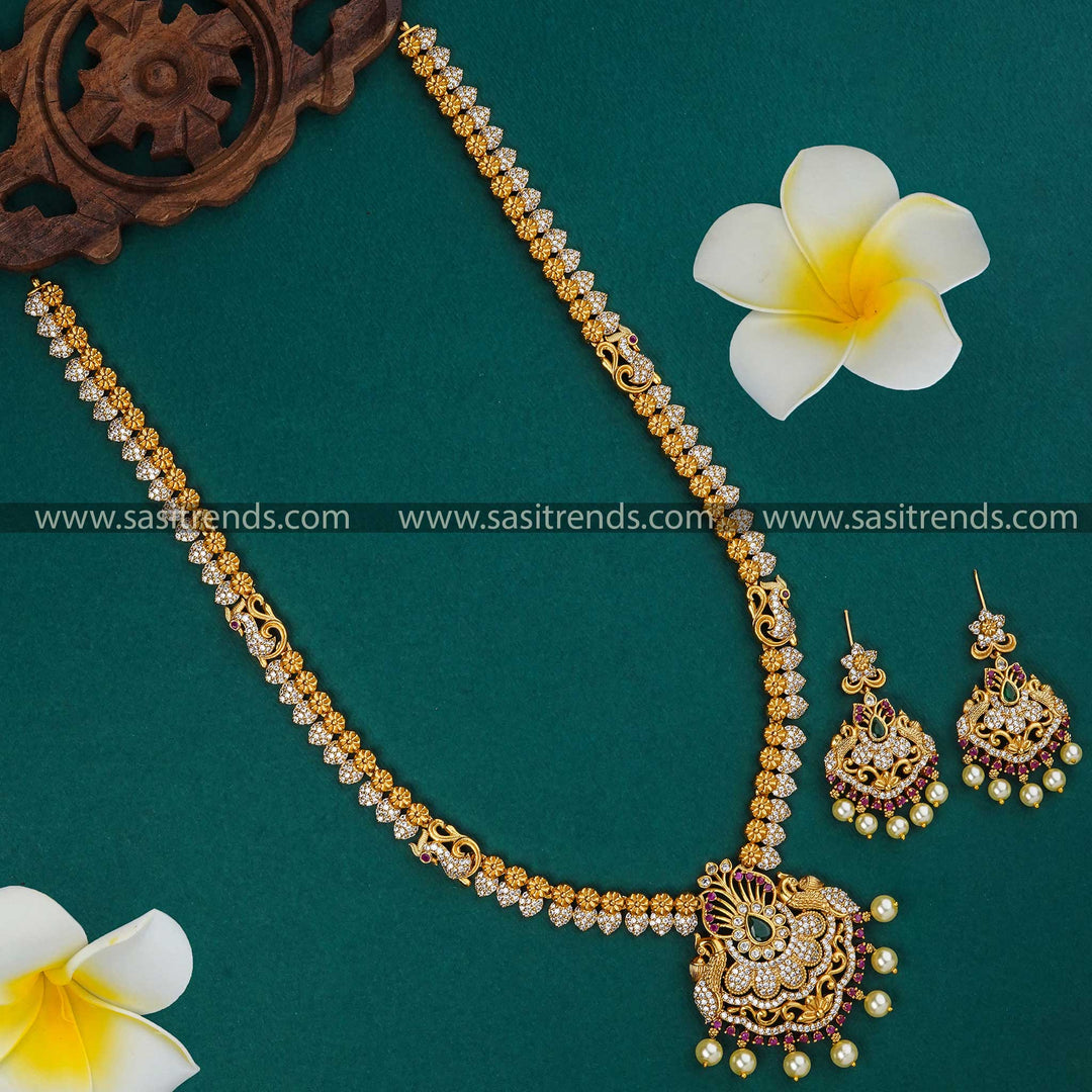 Traditional Bridal Haram Matt Gold Plated Necklace Set with earrings- Multi colour American diamond stones