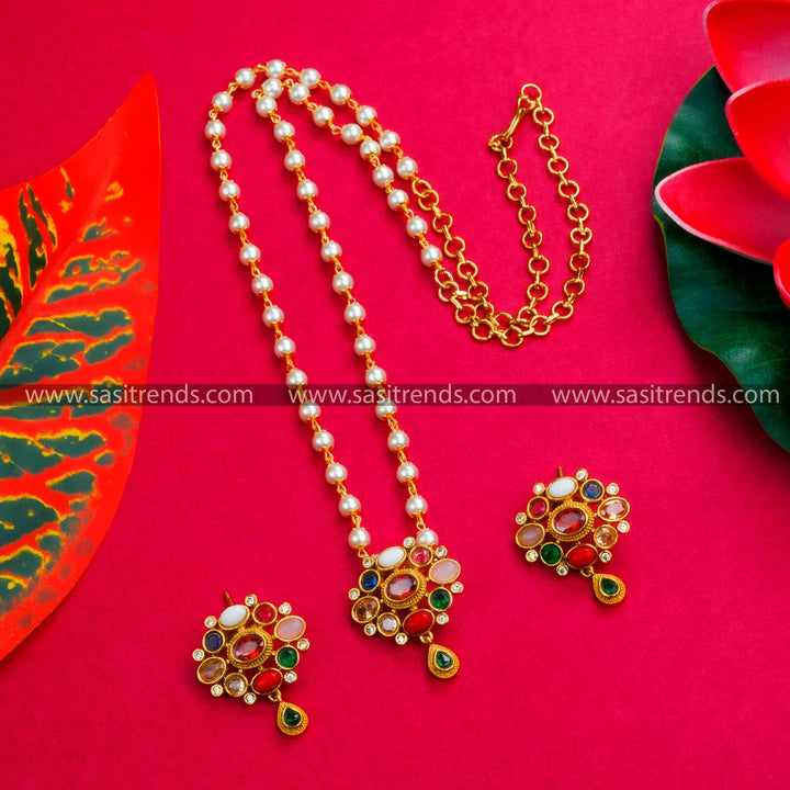 Trendy Temple Matte Gold Plated Pearl Jewellery Set with Navrathna Pendant - Latest Collection