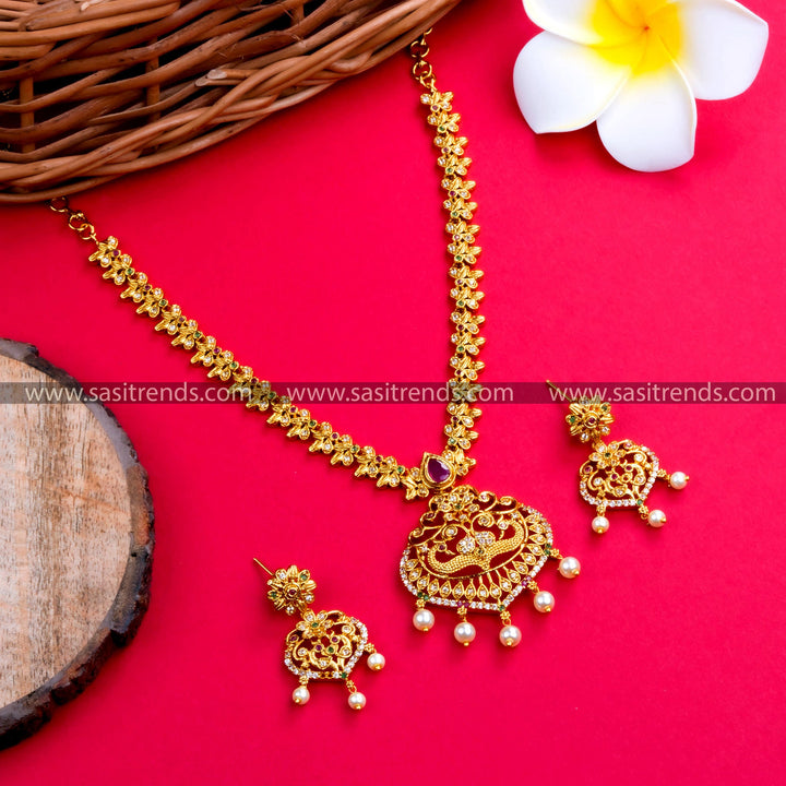 Trendy Peacock Temple Matte Gold Plated AD Jewellery Set | Latest Collections for Online Shopping