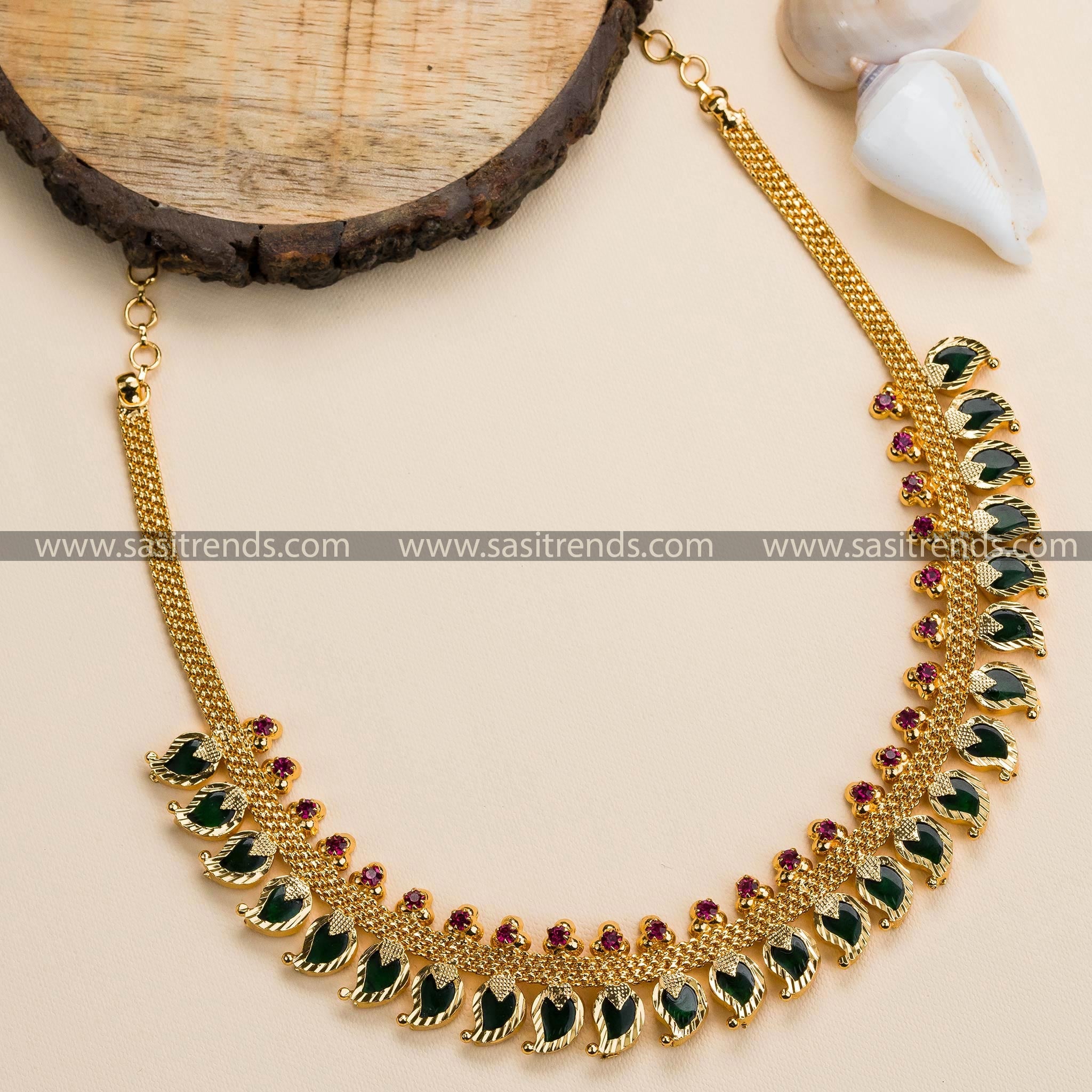 Trendy Kerala Traditional Micro Gold-Plated Mango Necklace with Pink Stones - Latest Kerala Jewelry for Online Shopping